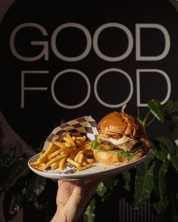 The GM burger under the good food sign