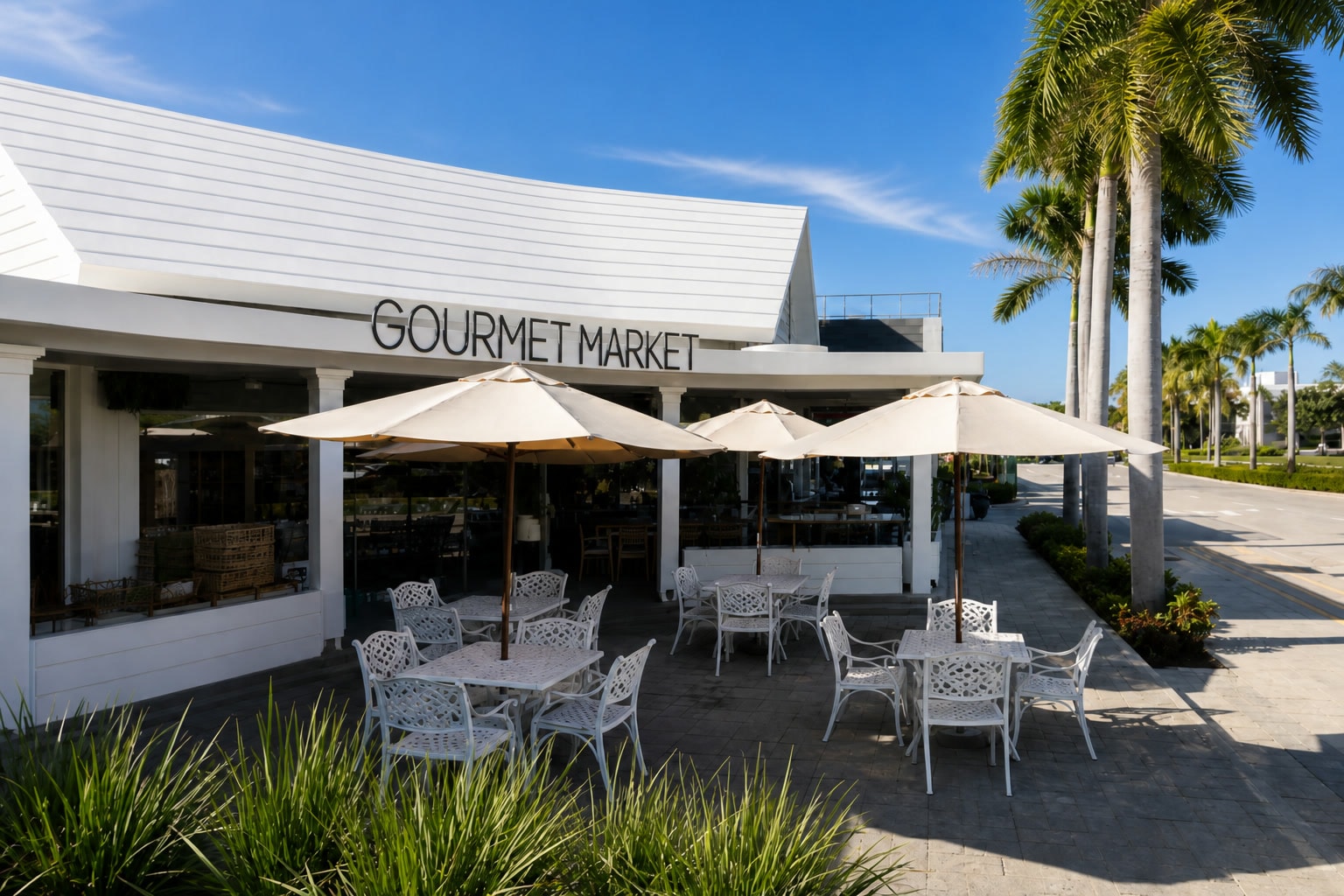 Parasols open over the terrace at midday